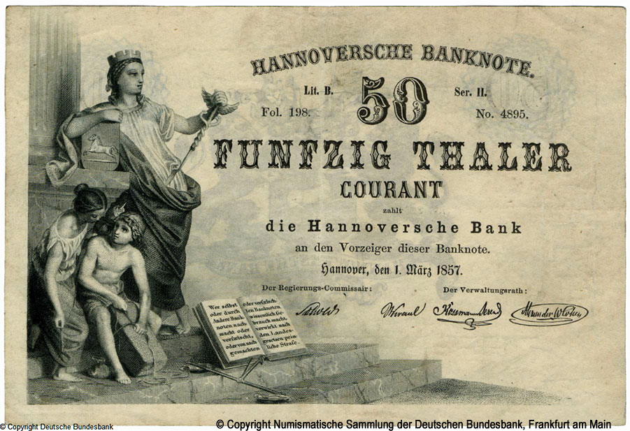 Hannoverische Banknote. 50 Thaler 1. März 1857.