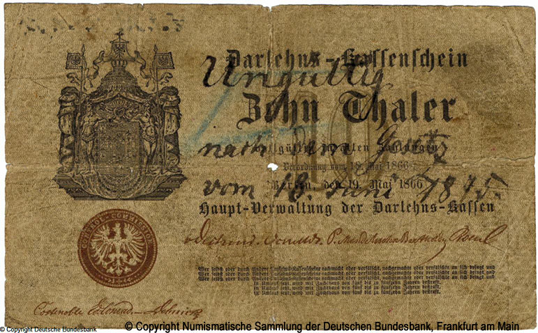 Königreich Preußen  Hauptverwaltung der Darlehnskassen 10 Thaler. 1866.