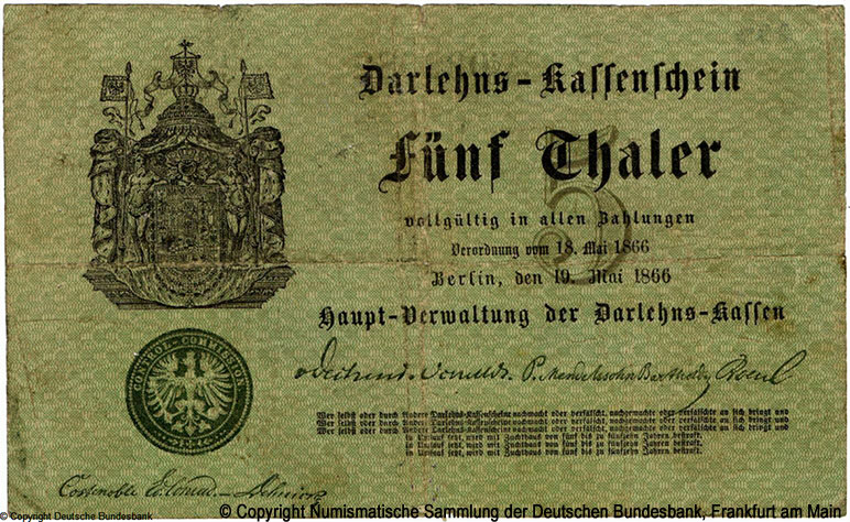 Königreich Preußen  Hauptverwaltung der Darlehnskassen 5 Thaler. 1866.