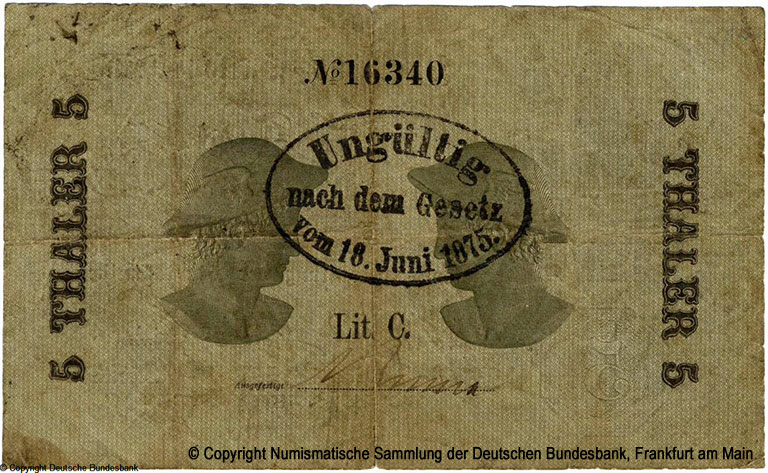 Hauptverwaltung der Darlehnskassen Darlehenskassenschein 5 Taler 1863