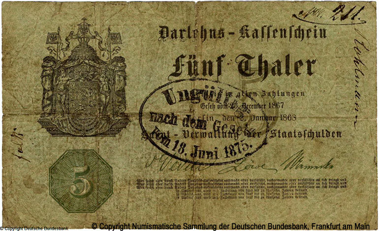 Hauptverwaltung der Darlehnskassen Darlehenskassenschein 5 Taler 1863