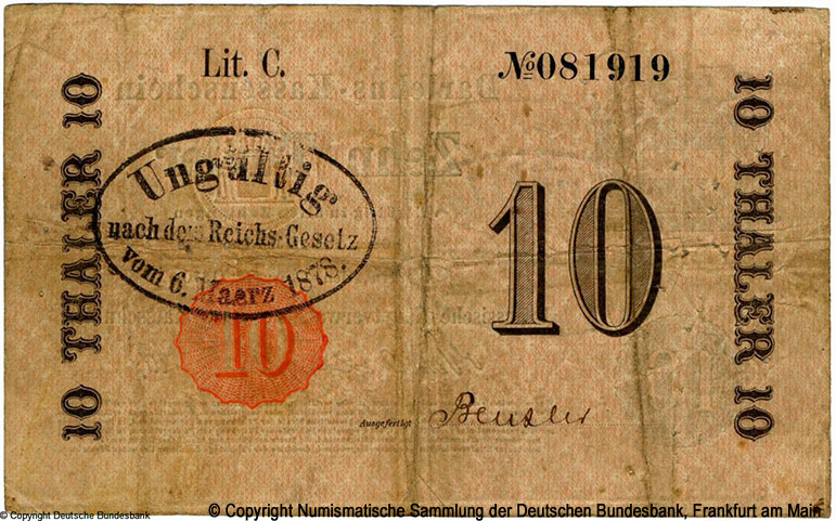 Königreich Preußen Hauptverwaltung der Darlehnskassen 10 Thaler 1870