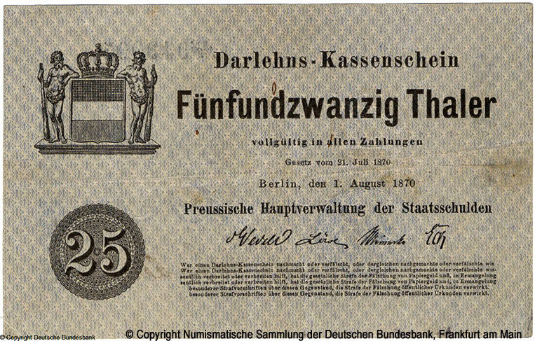  Königreich Preußen Hauptverwaltung der Darlehnskassen 25 Thaler 1870