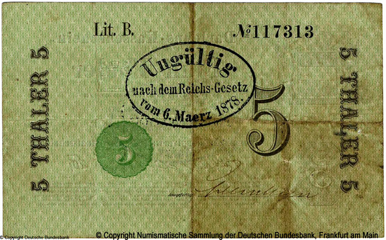 Königreich Preußen Hauptverwaltung der Darlehnskassen 5 Thaler 1870