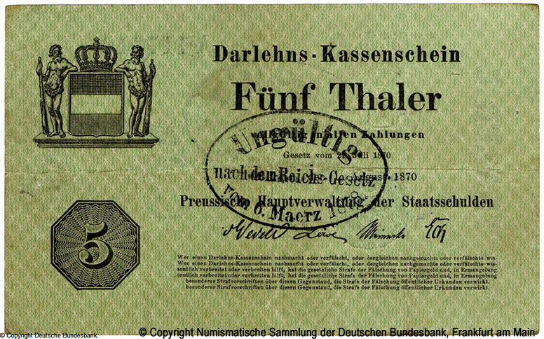 Königreich Preußen Hauptverwaltung der Darlehnskassen 5 Thaler 1870