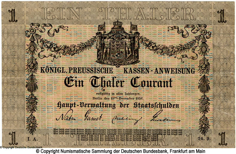 Königreich Preußen Kassenanweisung. 1 Thaler Courant.  1856.