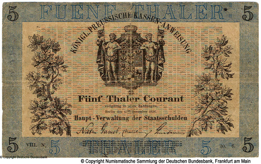 Königreich Preußen Kassenanweisung. 5 Thaler Courant.  1856.