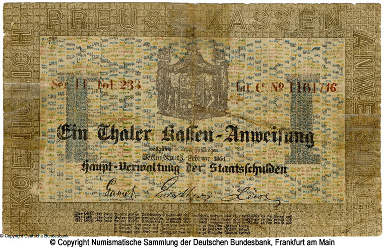 Hauptverwaltung der Staatsschulden. 1 Thaler 1861 Fälschung