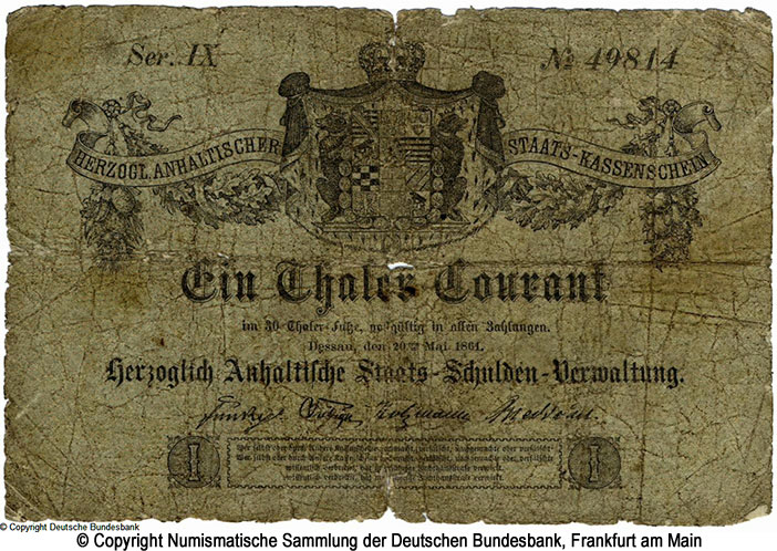 Herzoglich Anhaltische Staatsschuldenverwaltung 1 Thaler Courant 1861