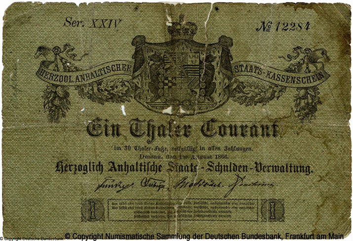 Herzoglich Anhaltische Staatsschuldenverwaltung 1 Thaler Courant 1866