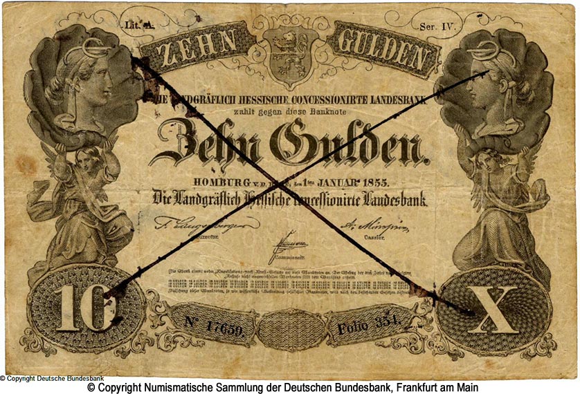Landgräflich Hessische Concessionaire Landesbank 10 Gulden 1855
