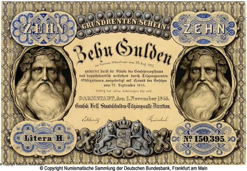 Großherzogliche Hessische Staatsschulden-Tilgungskasse Darmstadt Grundrentenschein Probedruck 10 Gulden 01.11.1855
