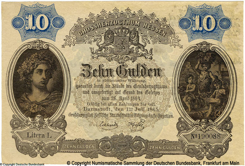 Großherzogliche Hessische Staatsschulden-Tilgungskasse 10 Gulden 1865