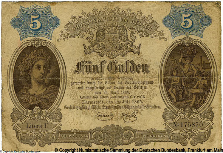 Großherzogliche Hessische Staatsschulden-Tilgungskasse 5 Gulden 1865