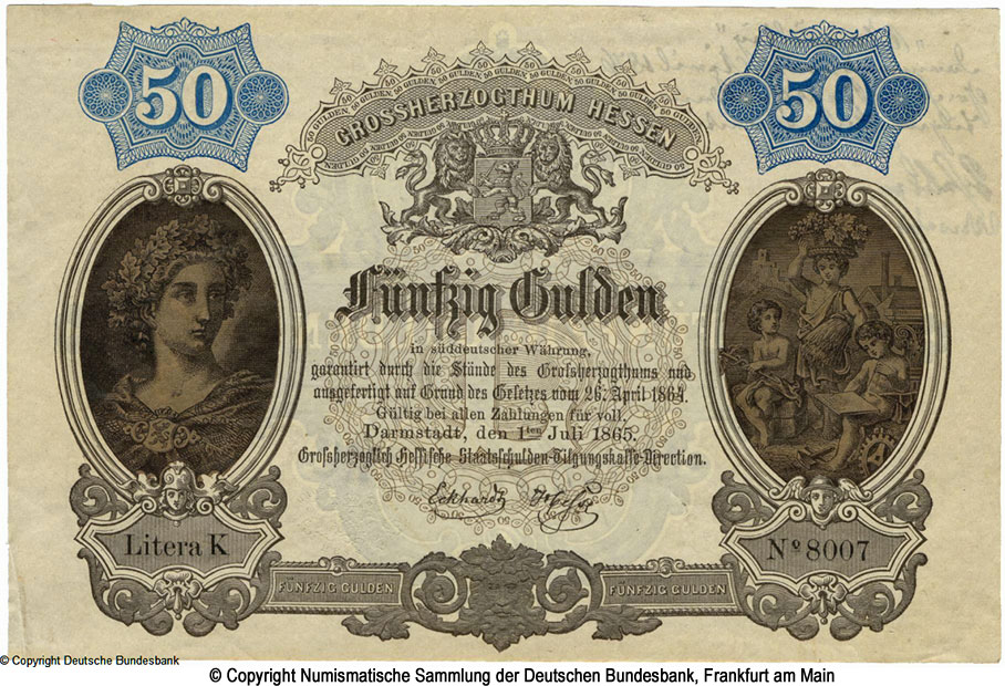Großherzogliche Hessische Staatsschulden-Tilgungskasse 50 Gulden 1865