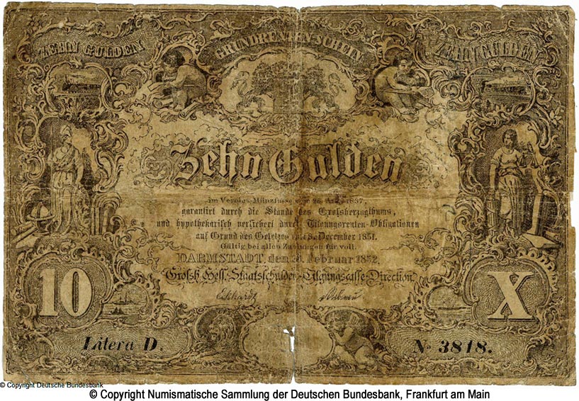 Großherzogliche Hessische Staatsschulden-Tilgungskasse 10 Gulden 1852
