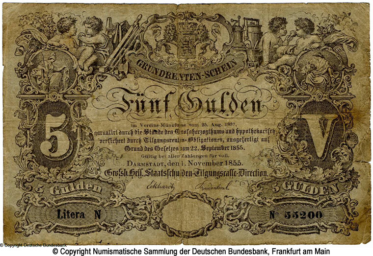 Großherzogliche Hessische Staatsschulden-Tilgungskasse 5 Thaler. 1855.