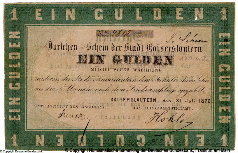 Darlehen-Schein der Stadt Kaiserslautern. 1 Gulden. 31. Juli 1870.