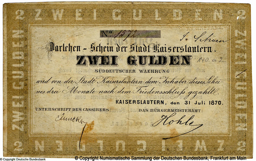 Darlehen-Schein der Stadt Kaiserslautern. 2 Gulden. 31. Juli 1870.