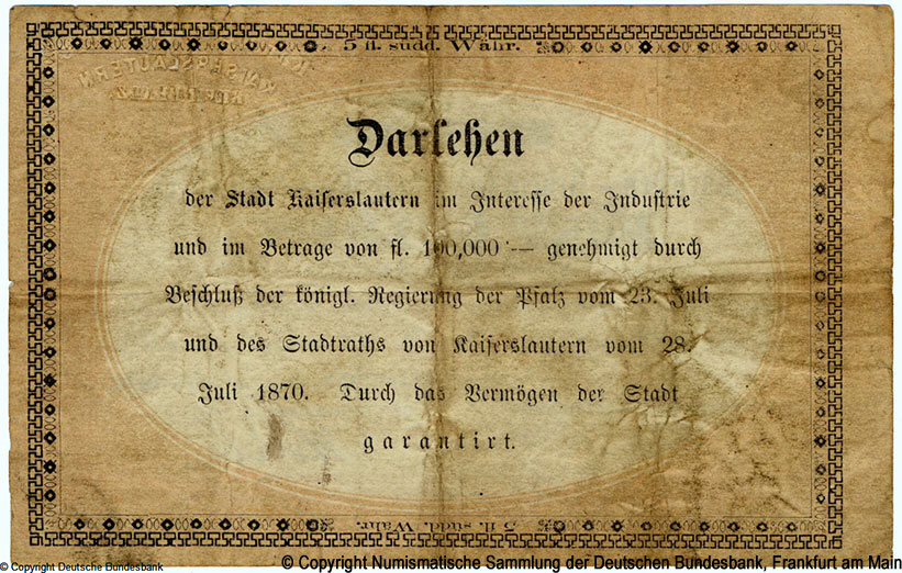 Darlehen-Schein der Stadt Kaiserlautern. 5 Gulden 1870
