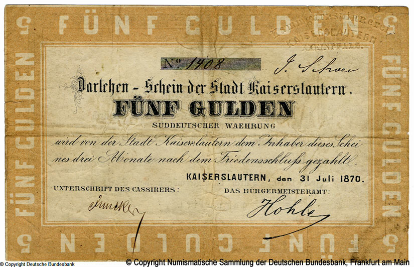 Darlehen-Schein der Stadt Kaiserlautern. 5 Gulden 1870