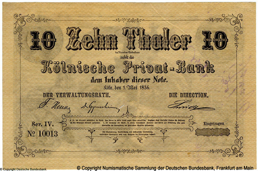 Kölnische Privat-Bank 10 Taler 1856