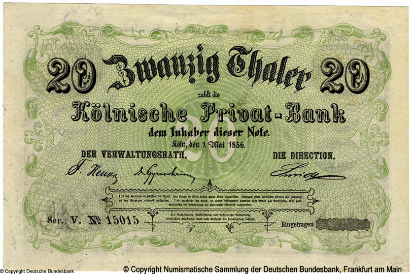 Kölnische Privat-Bank 20 Thaler 1856