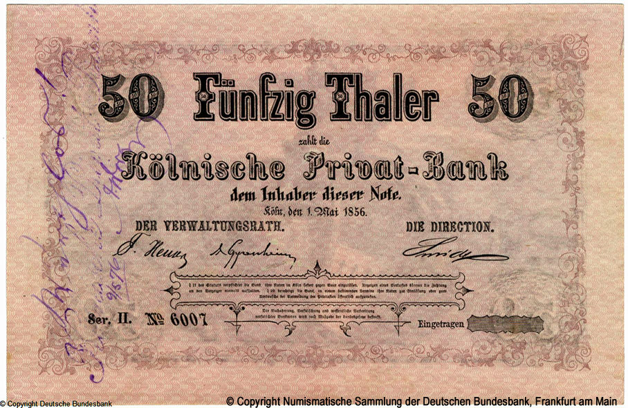 Kölnische Privat-Bank 50 Taler 1856