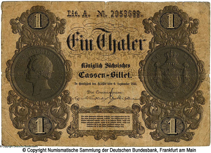Königlich Sachsische Cassenbilet. 1 Thaler. 1855.