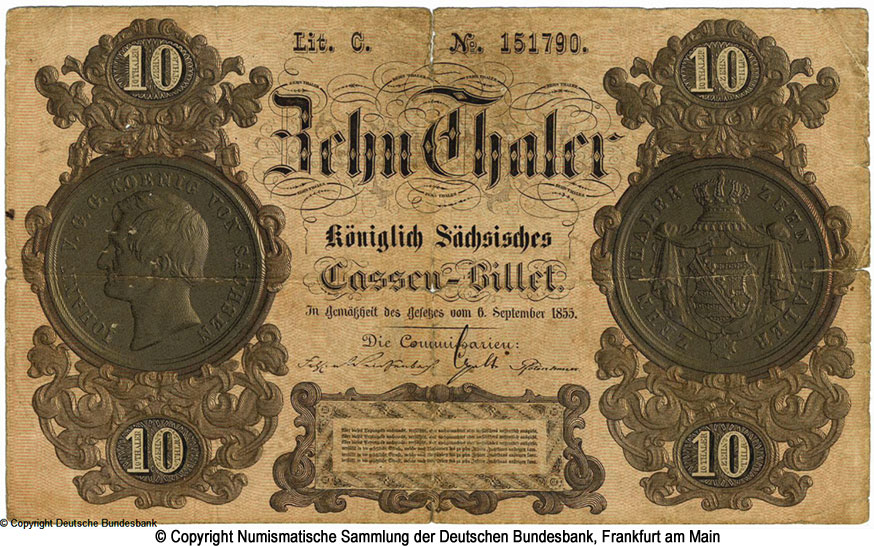 Königlich Sachsische Cassenbilet. 10 Thaler. 1855.
