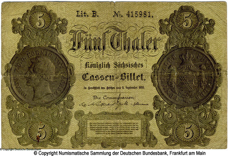 Königlich Sachsische Cassenbilet. 5 Thaler. 1855.