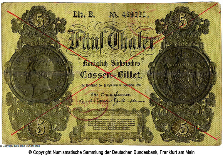 Königlich Sachsische Cassenbilet. 5 Thaler. 1855.