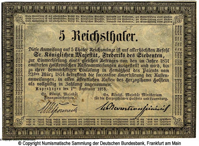 Sr. Königlichen Majestät Ministerium für die Herzogtümer Holstein und Lauenburg, Statthalterschaft der Herzogtümer 5 Reichsthaler 1854