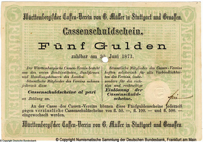 Württembergischer Cassen-Verein von G. Müller und Genossen. 5 Gulden 1873