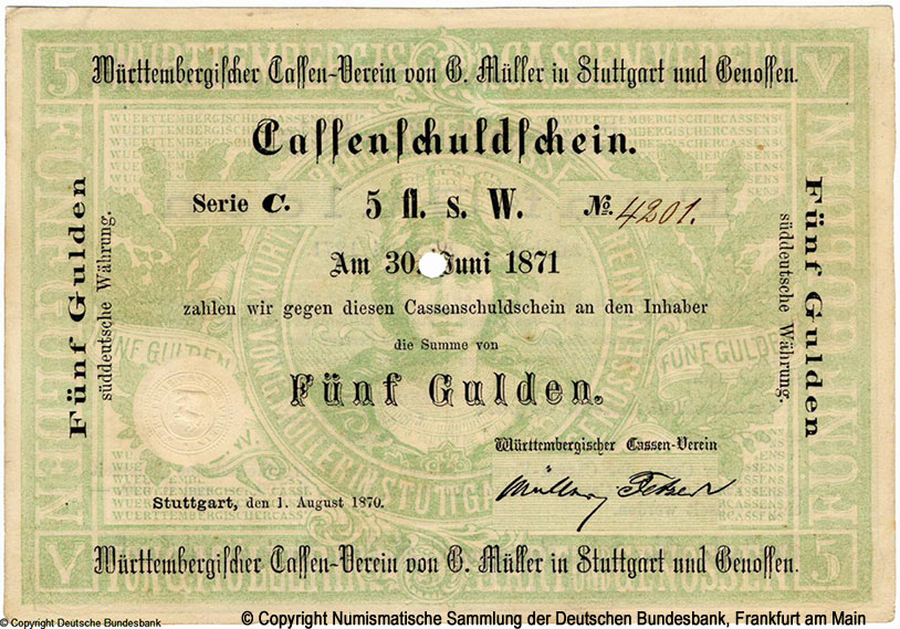 Württembergischer Cassen-Verein von G. Müller und Genossen. 5 Gulden 1873
