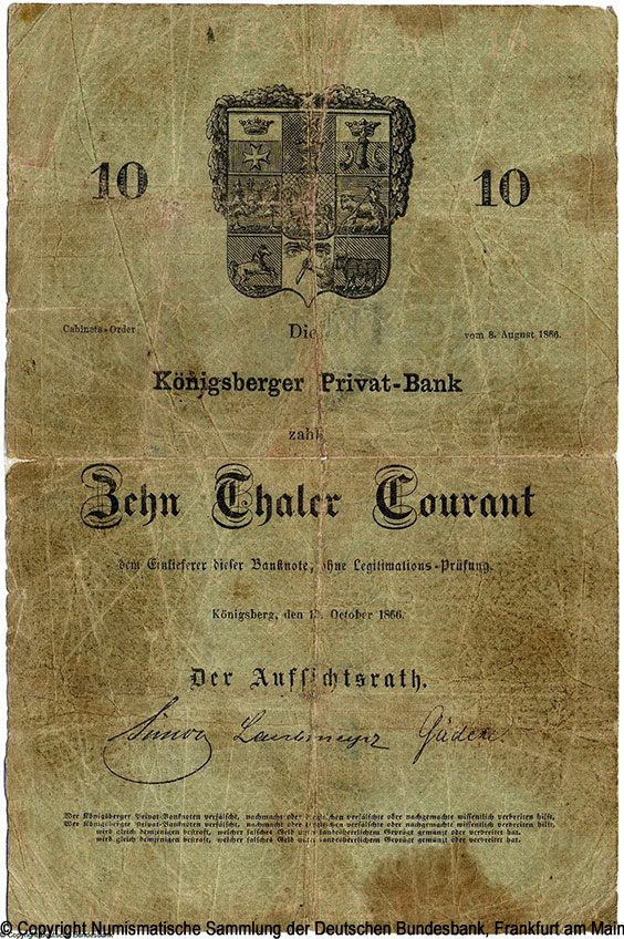 Königsberger Privat-Bank 10 Thaler Courant 1866