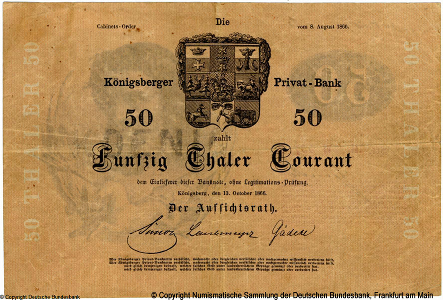 Königsberger Privat-Bank 50 Thaler Courant 1866