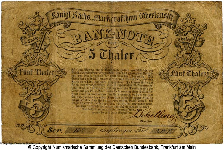 Landständische Hypothekenbank für das Königl. Sächs. Markgraftum Oberlausitz, Bautzen. 5 Thaler 1850.