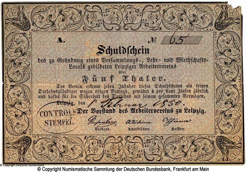 Leipziger Arbeiterverein Schuldschein. 5 Taler 1850