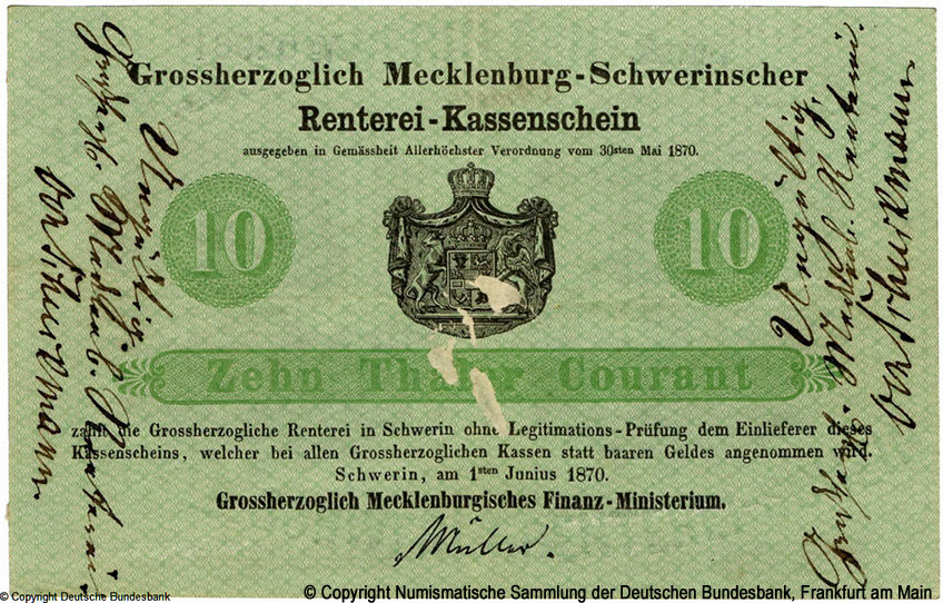Großherzoglich Mecklenburgisches Finanzministerium Kassenschein 10 Thaler 1870