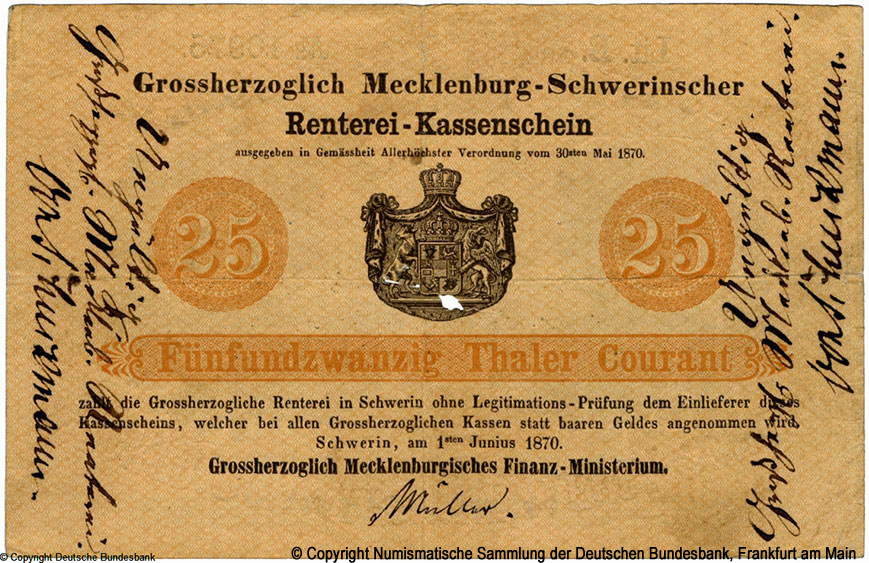 Großherzoglich Mecklenburgisches Finanzministerium Kassenschein 25 Thaler 1870