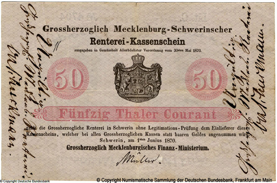 Großherzoglich Mecklenburgisches Finanzministerium Kassenschein 50 Thaler 1870