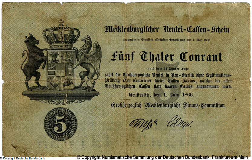 Mecklenburgischer Rentei-Kassen-schein 5 Thaler 1866