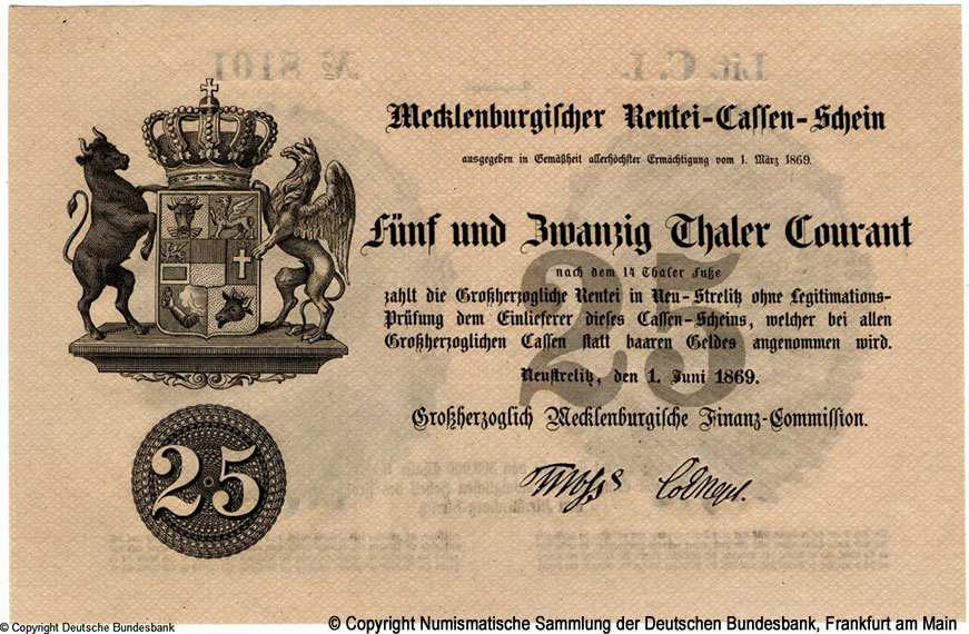 Großherzoglich Mecklenburgische Finanz-Commission 25 Thaler Courant 1869
