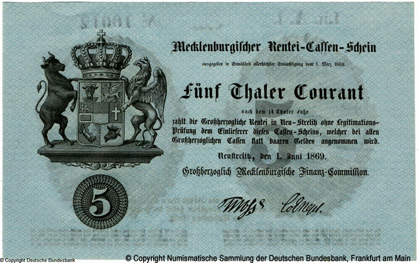 Großherzoglich Mecklenburgische Finanz-Commission 5 Thaler Courant 1869