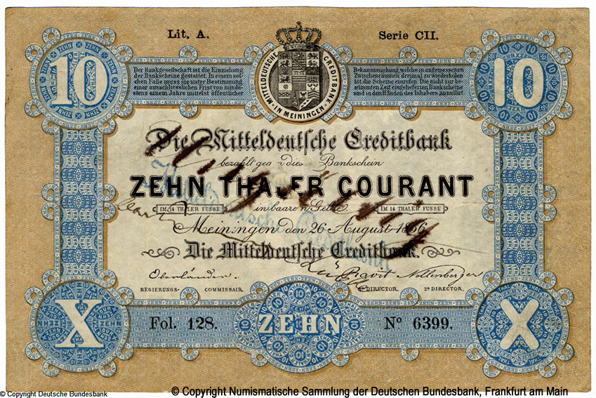 Mitteldeutsche Creditbank in Meiningen 10 Tahler 1856