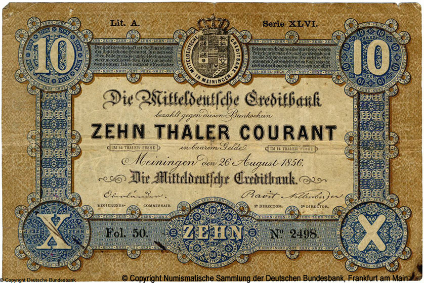 Mitteldeutsche Creditbank in Meiningen 10 Thaler 1856