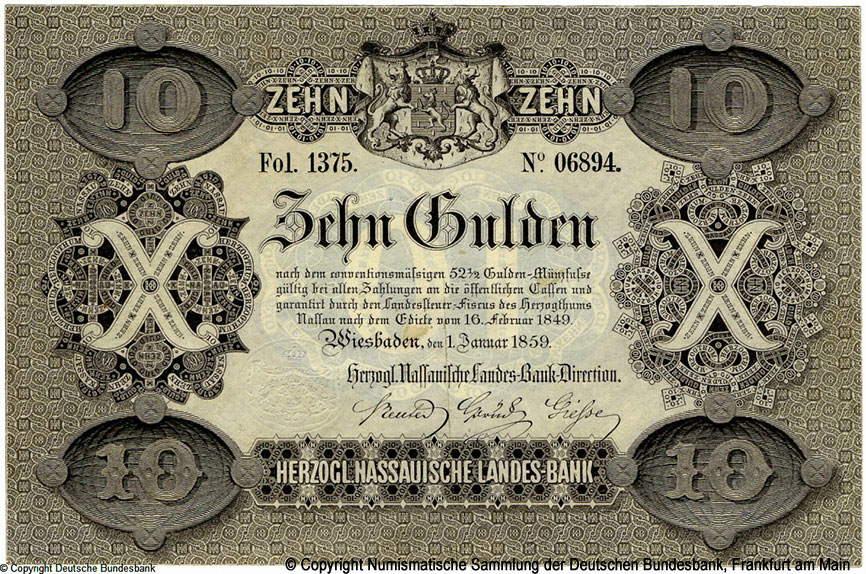 Herzoglich Nassauische Landes-Credit-Casse 10 Gulden 1859