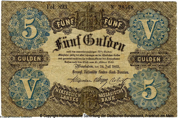 Nassauische Landesbank, Wiesbaden 5 Gulden 1865