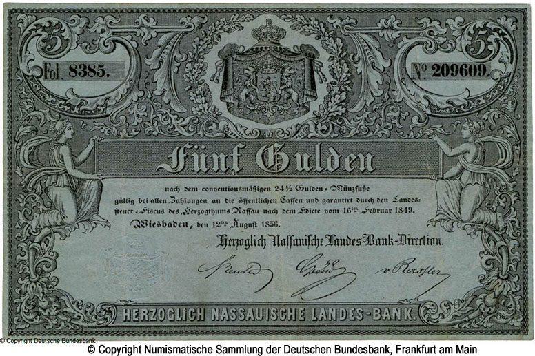 Nassauische Landesbank, Wiesbaden 5 Gulden 1856